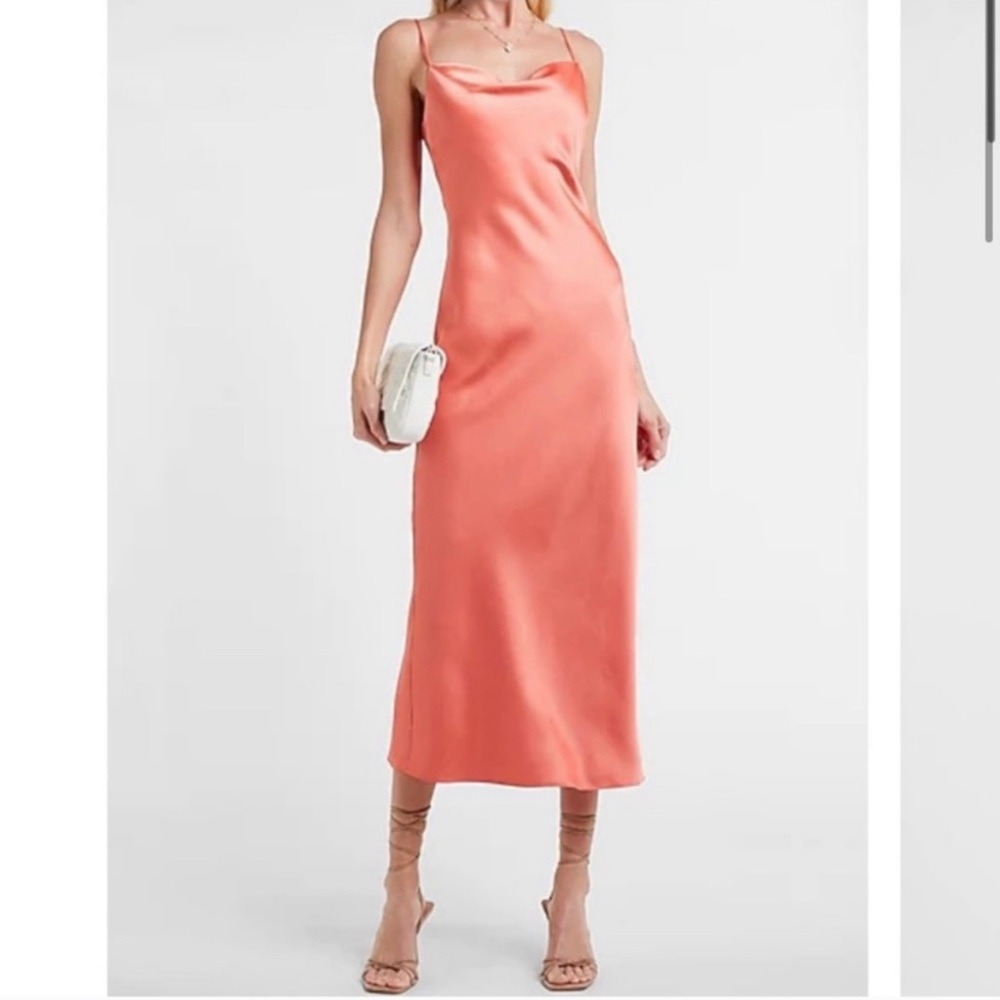 Express coral satin cowl neck midi dress XXS